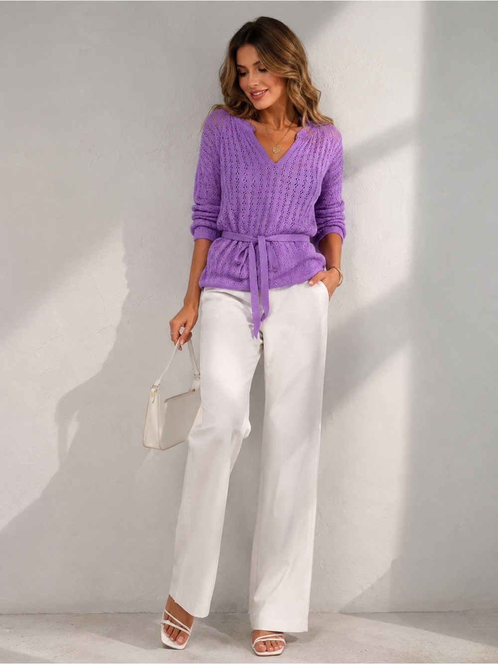 Vintage An Original Import Purple Open Knit Belted Sweater Tunic Women’s Size 40